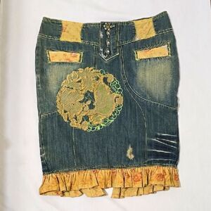 CUSTO Barcelona y2k Blue and Yellow Embellished Pencil  Skirt